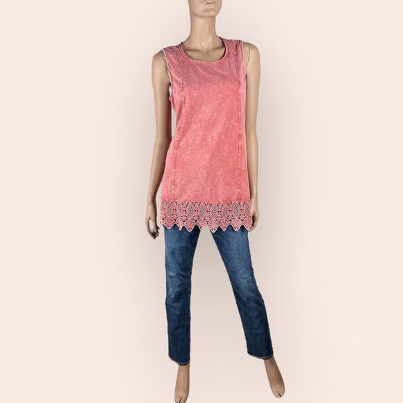 Coldwater Creek Watermelon Pink Swing Tunic Size Medium Washed Hues Lacy border - Picture 2 of 9